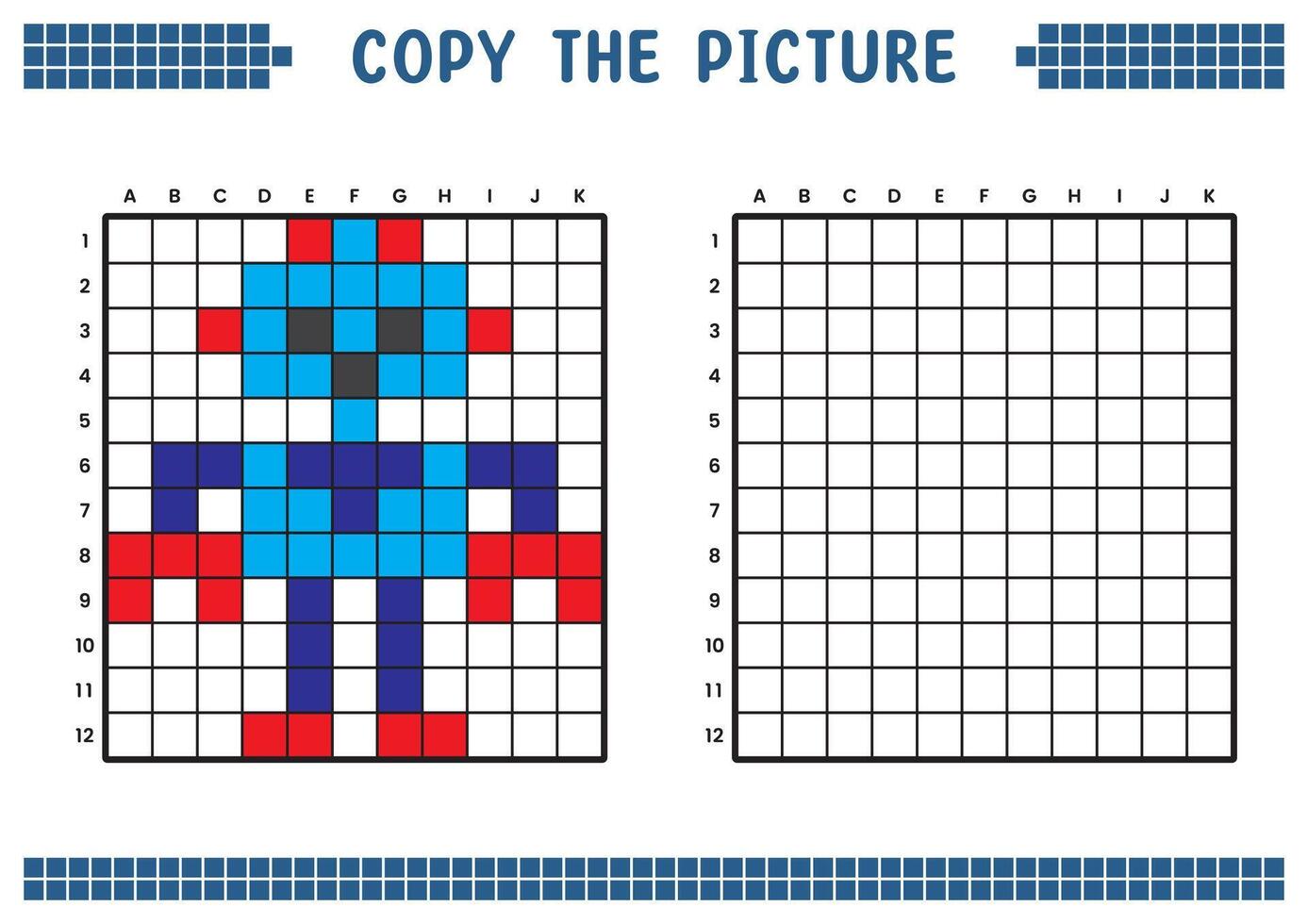 Copiar el imagen, completar el cuadrícula imagen. educativo hojas de trabajo dibujo con cuadrícula, colorante célula áreas para niños preescolar actividades. dibujos animados vector, píxel Arte. humanoide robot ilustración. vector