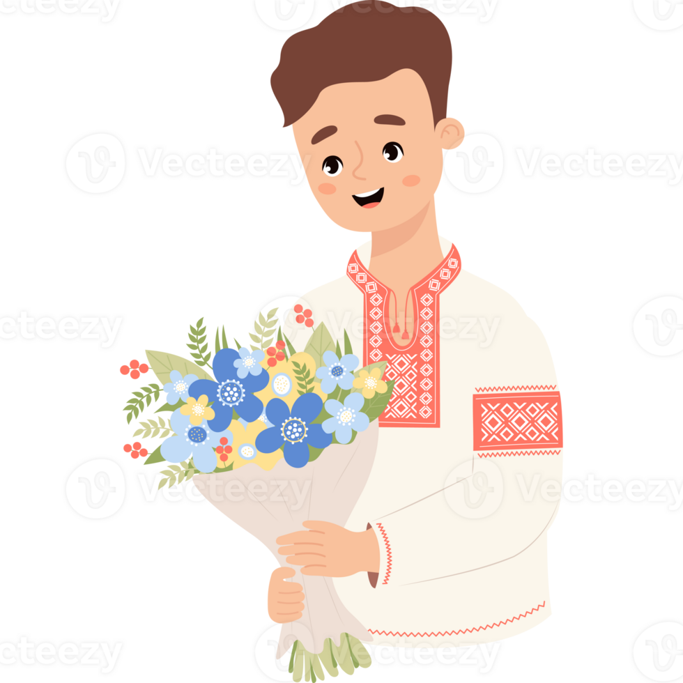 Ukrainian man with bouquet flowers png