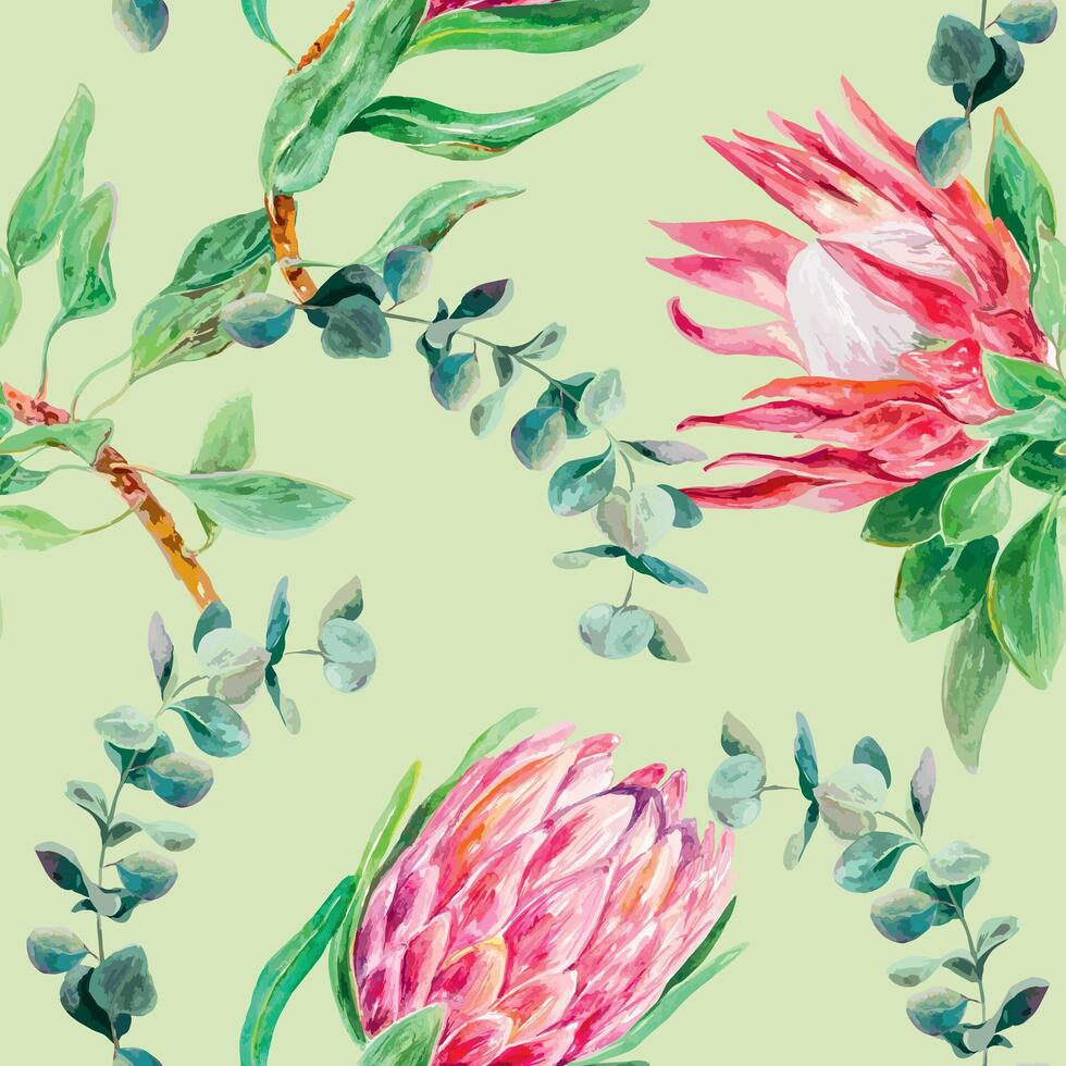 Protea watercolor, eucalyptus pattern. Vector illustration of pink flowers. Design element for wrapping paper, textile, wallpaper, fabric, cover, scrapbooking.