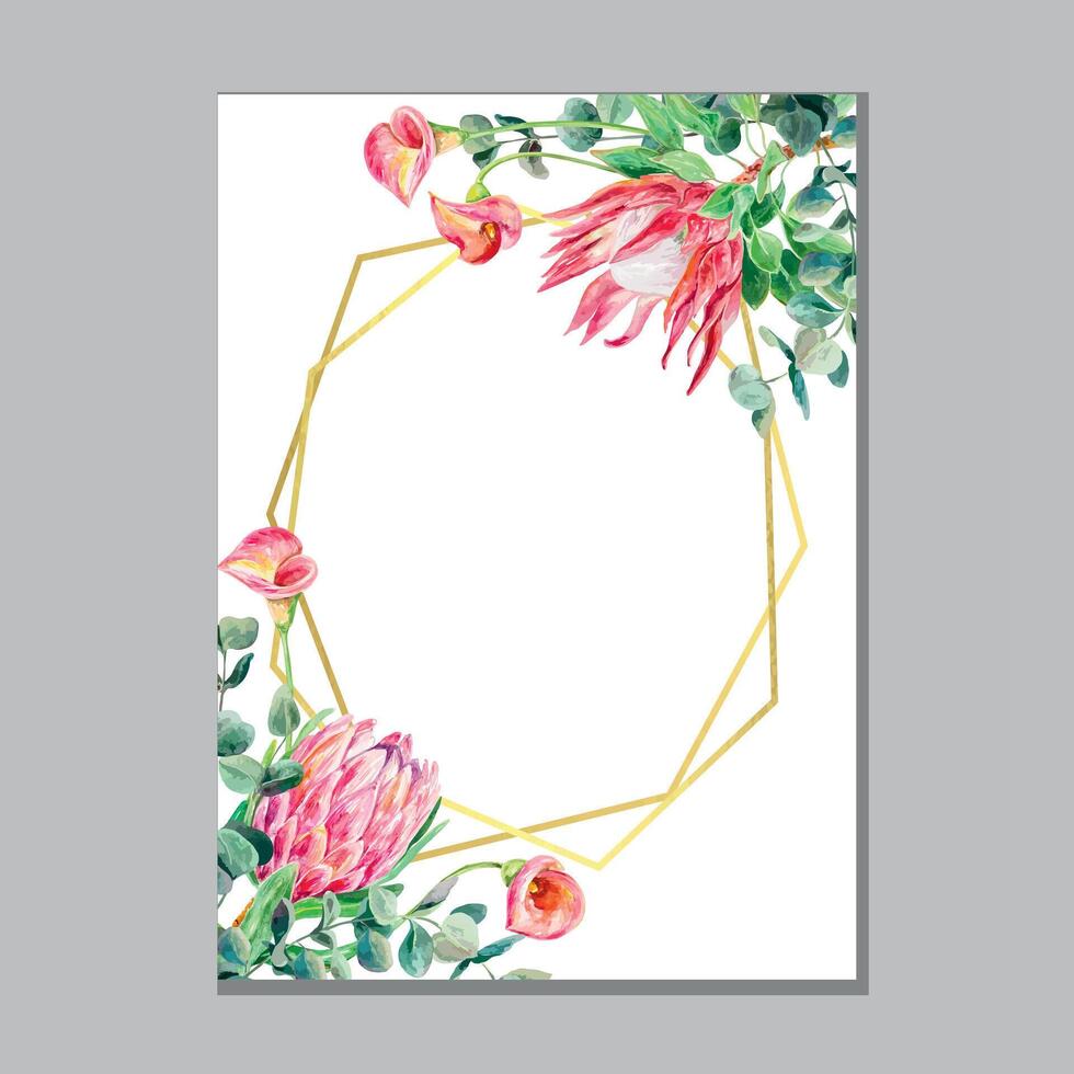 Protea card watercolor, eucalyptus sprigs, gold frame. Vector illustration of pink flowers. Design element for wedding invitations, banners, covers, labels, flyers.
