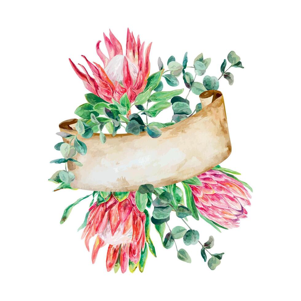 Protea watercolor, eucalyptus twigs, banner for text. Vector illustration of a bouquet of pink flowers. Design element for cards, wedding invitations, banners, covers, labels, flyers.