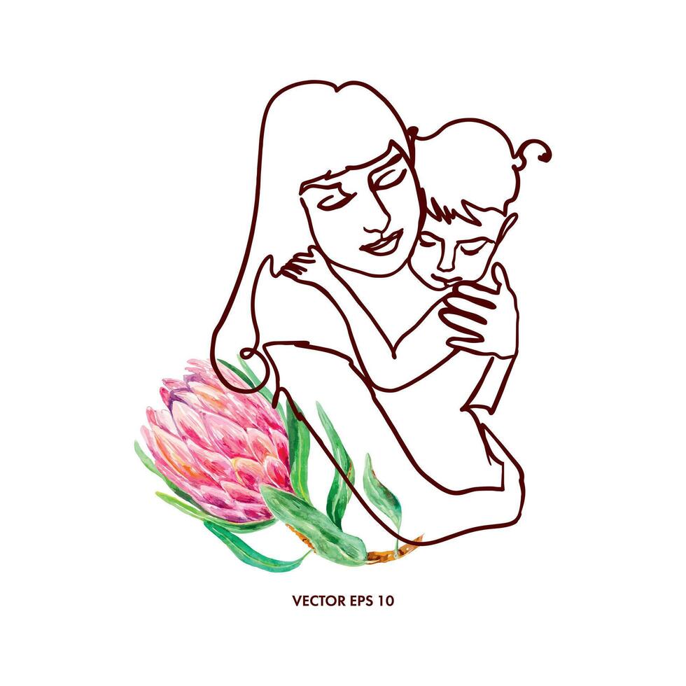 Abstract mother and child poster, one line art. Vector illustration. Element for interior design, banners, cards for Mother's Day, invitations, covers, gift certificates.