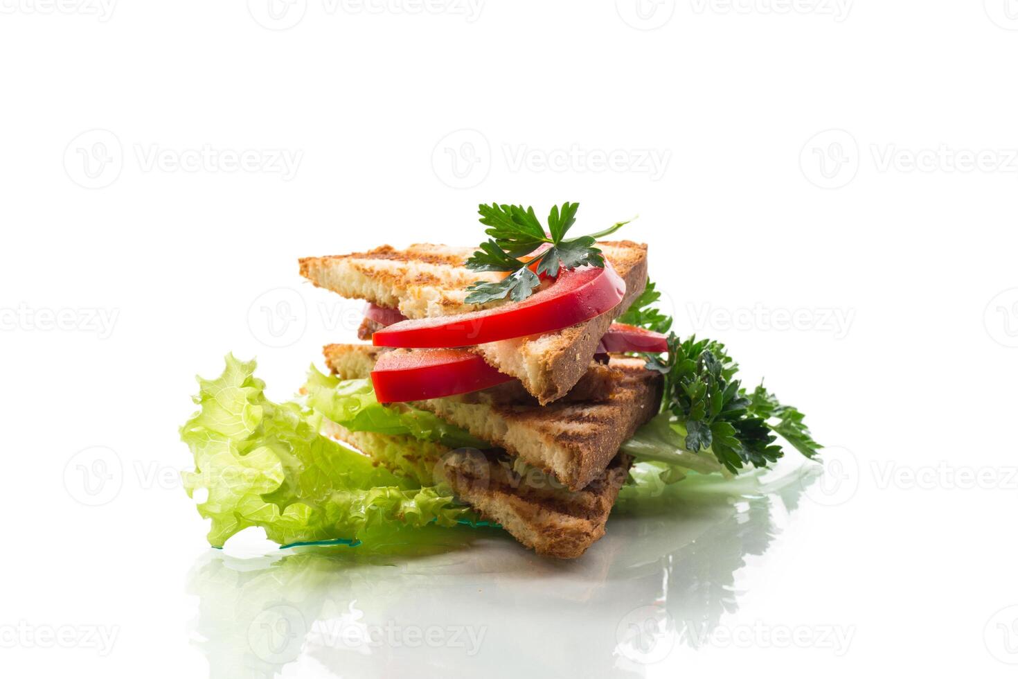 fried toast with chicken, salad, greens isolated on white background photo