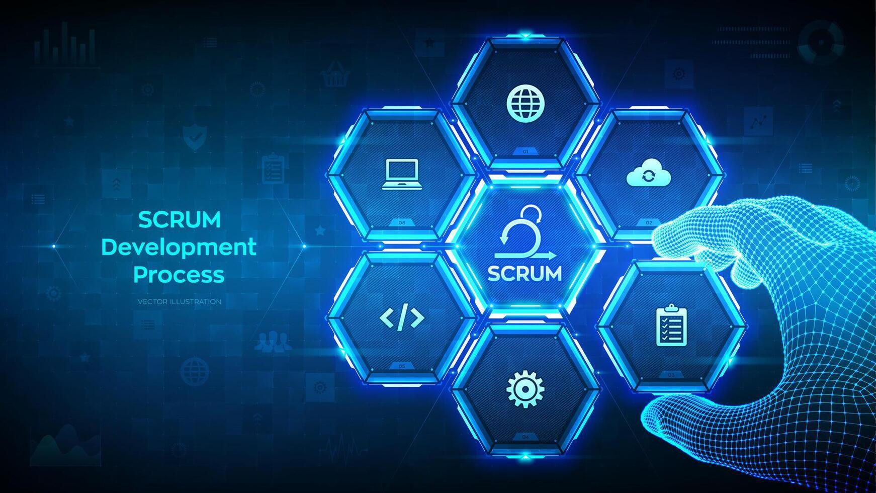 SCRUM. Agile development methodology process. Iterative sprint methodology. Programming and application design concept. Wireframe hand places an element into a composition visualizing SCRUM. Vector. vector
