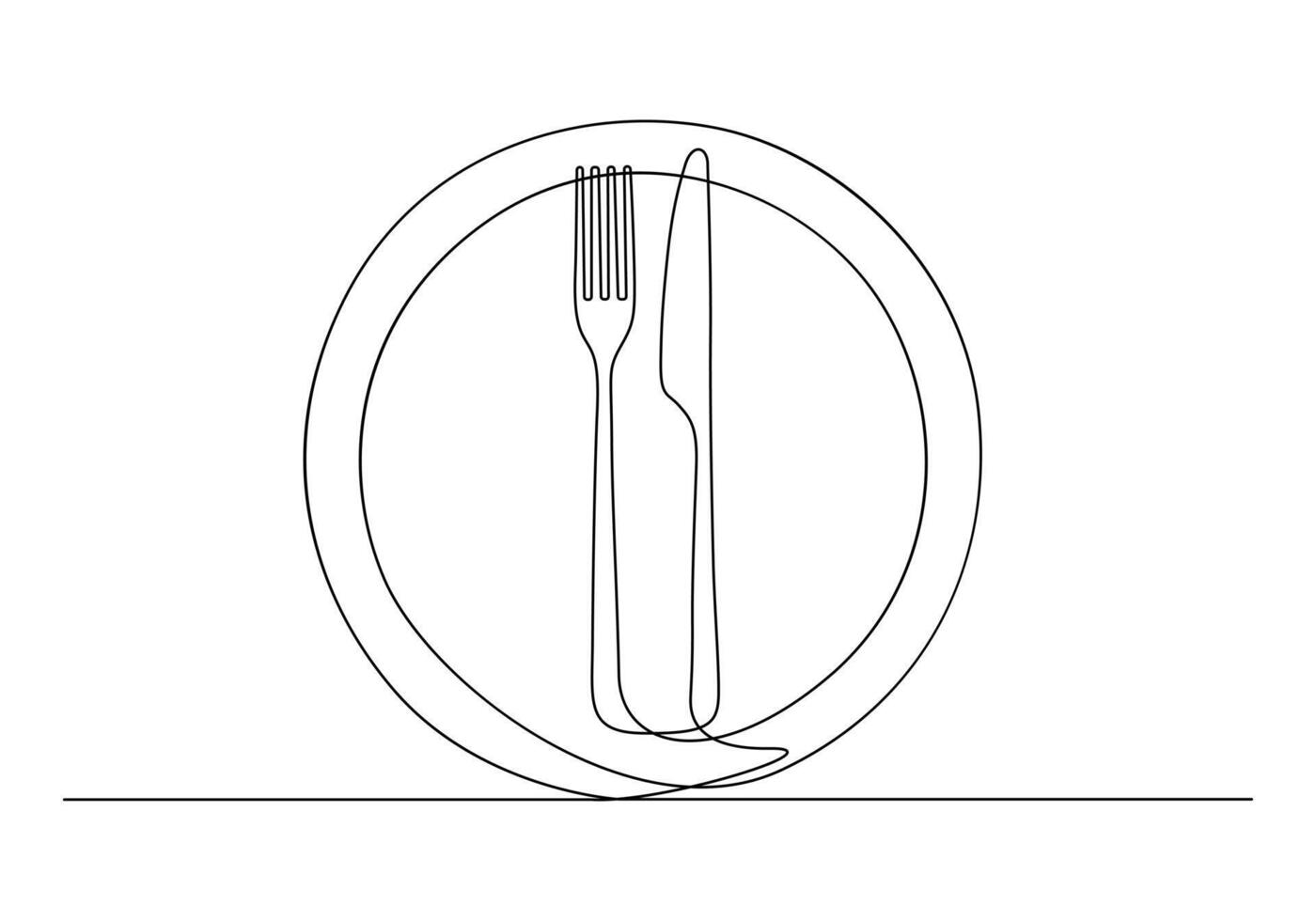 Continuous one line drawing of knife, fork and plate decoration for cafe or kitchen restaurant or menu cutlery vector illustration
