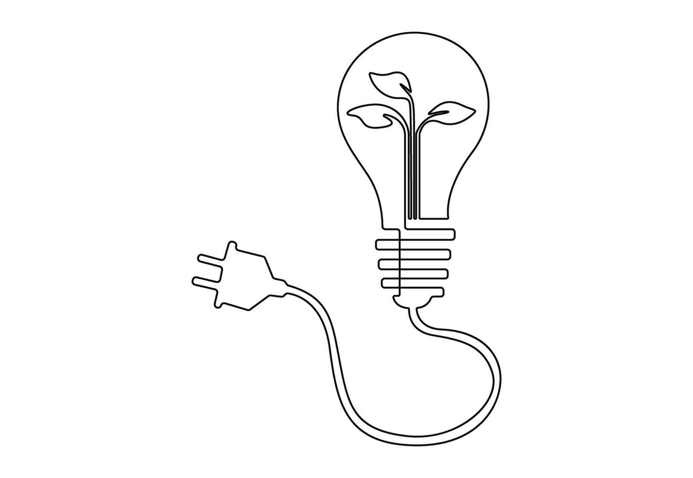 Plant inside Lightbulb with power plug in one continuous line drawing. Creative concept of Eco energy concept. Vector illustration