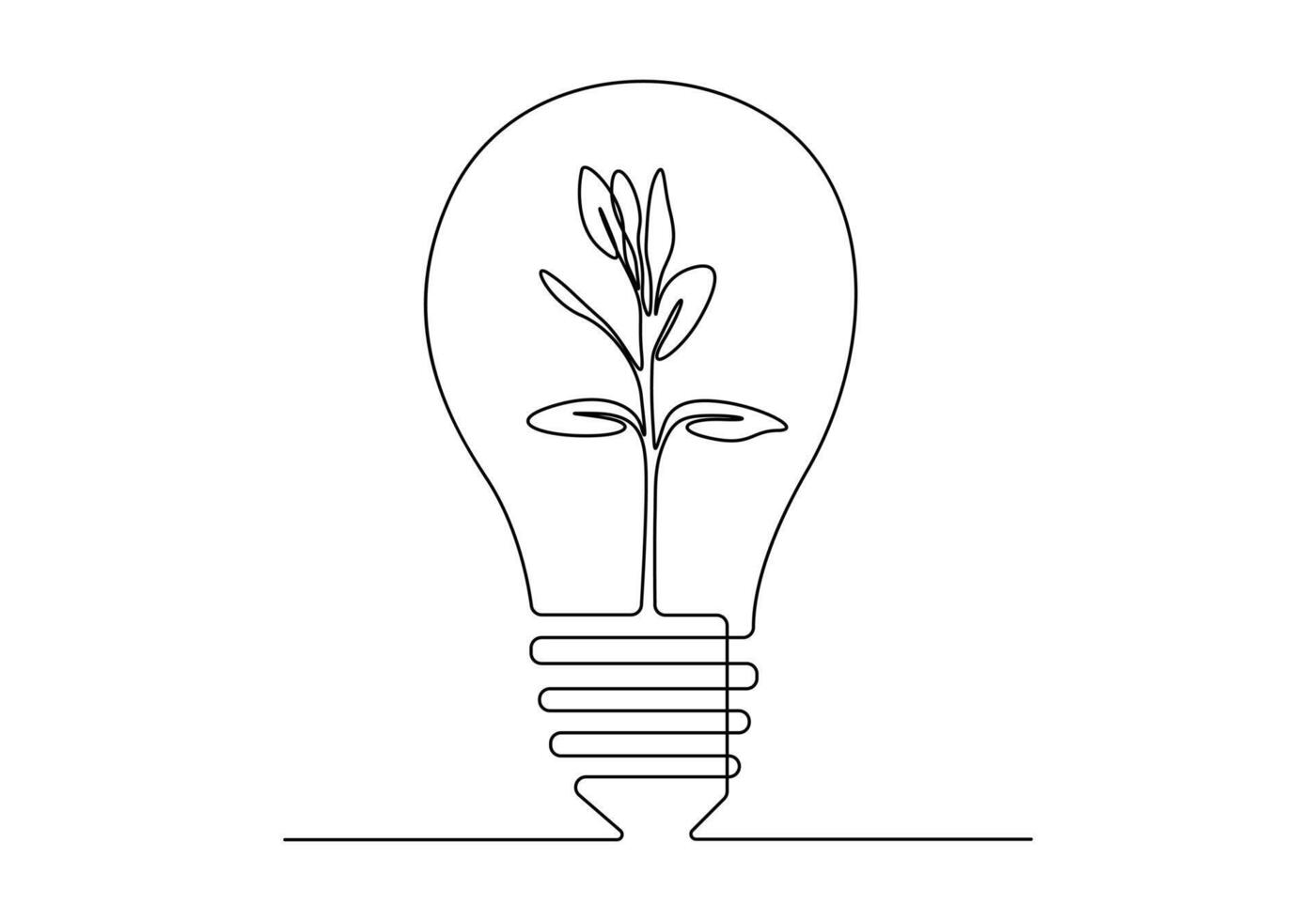 Continuous single line drawing of green plant in light bulb green energy concept vector illustration