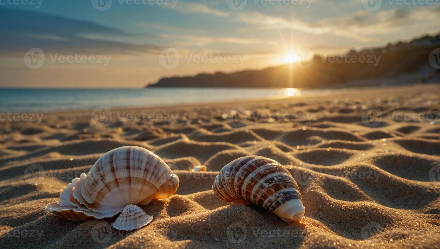 ai generado playa paisaje mostrando múltiple conchas marinas dispersado en el arena foto