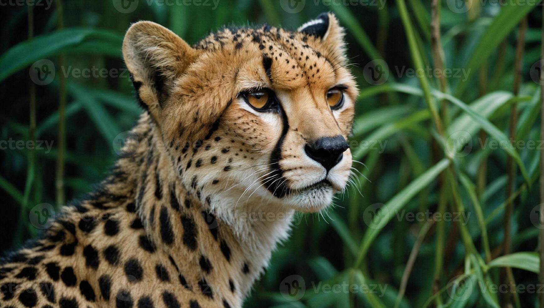 AI generated Close up view of majestic cheetah showcasing its distinctive spotted coat and intense gaze in the tropical jungle photo