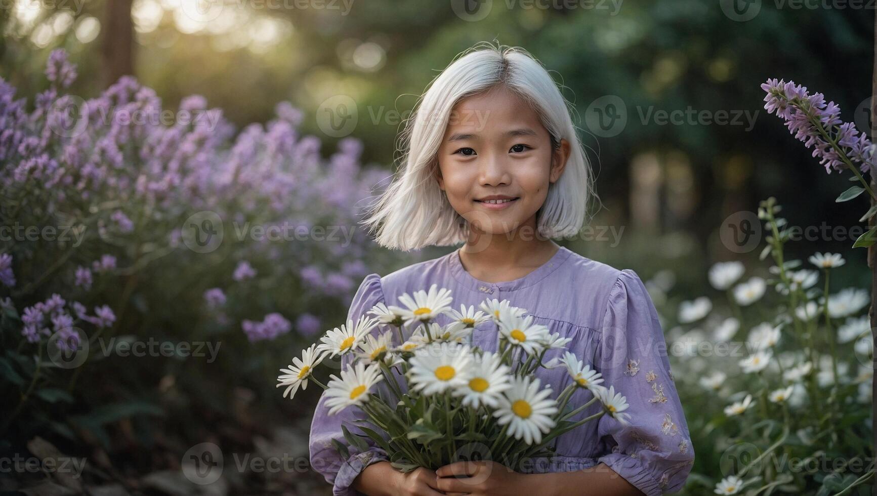 AI generated Young asian girl with white hair standing in a lush green field with daisies on a sunny day photo