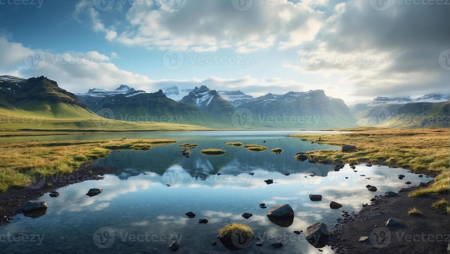 AI generated Photorealistic cinematic landscape of mountains mirrored in a crystal lake photo