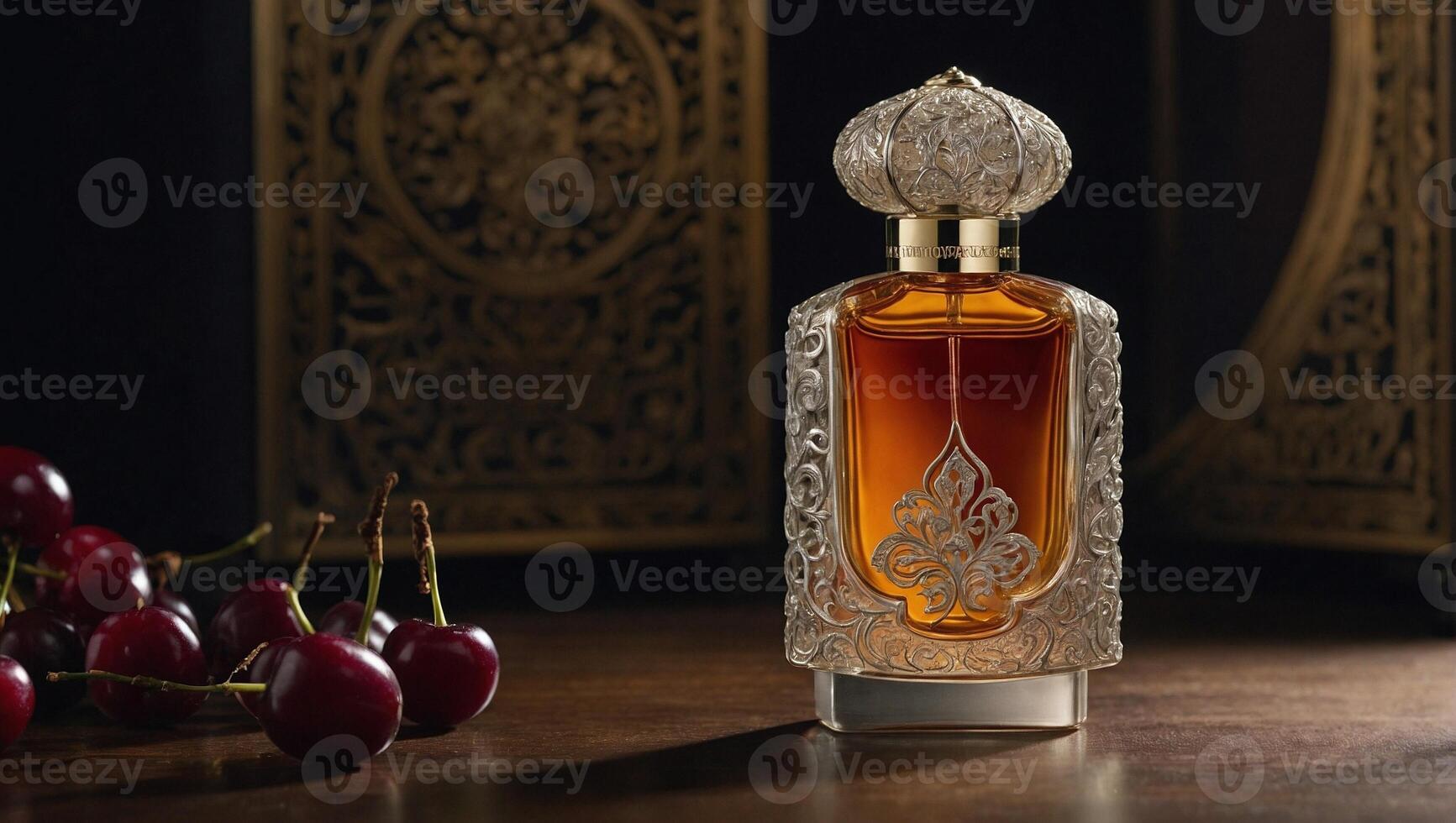 AI generated Oriental perfume bottle exquisitely crafted with intricate patterns with translucent golden hue liquid photo