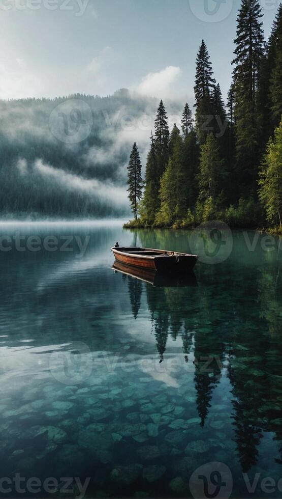AI generated Boat floating on the surface of crystal clear lake enveloped in fog surrounded by towering trees that reach up towards the sky photo