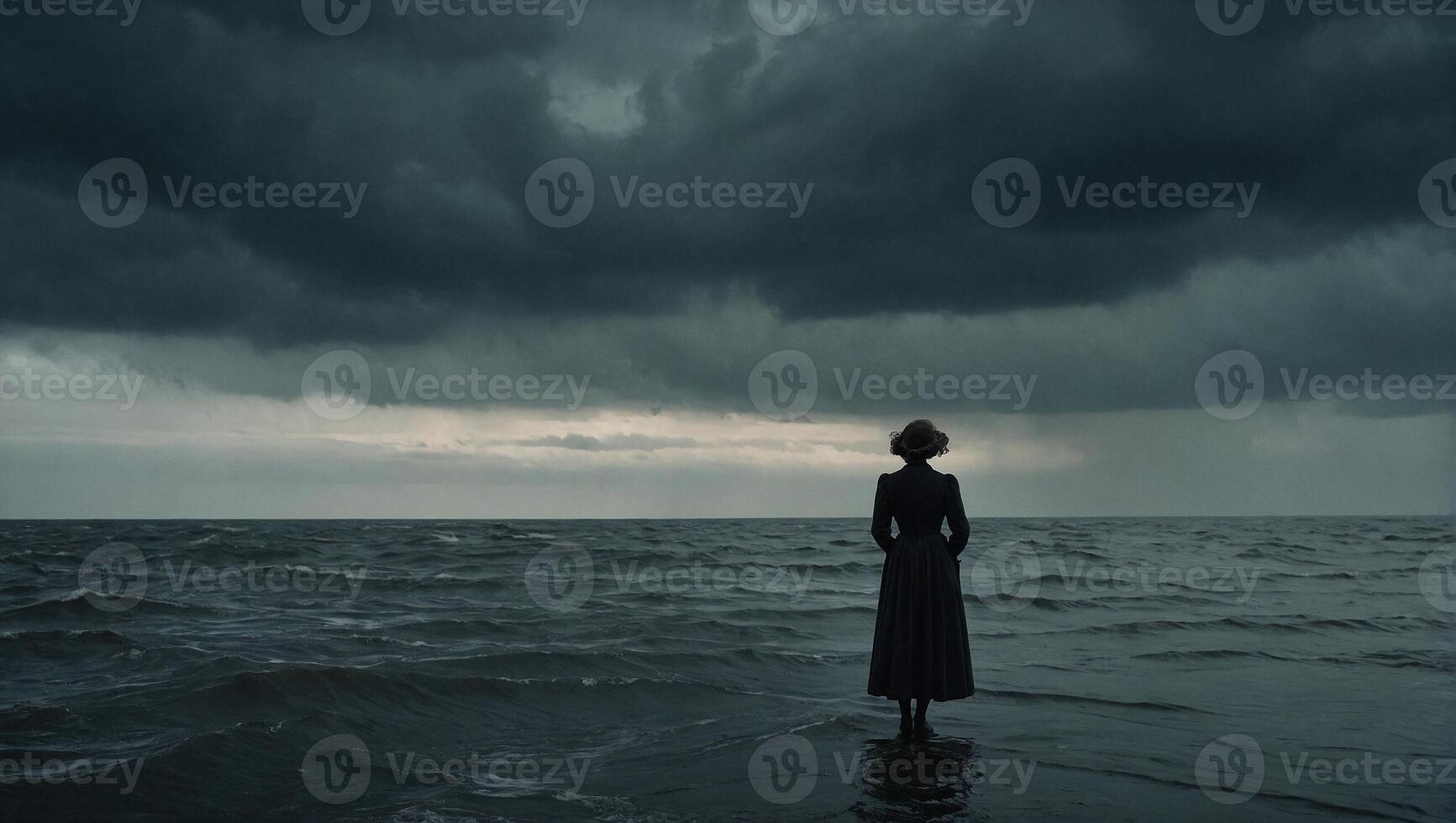 AI generated Back of a female figure in period clothing standing on the edge of a turbulent deep mysterious ocean photo