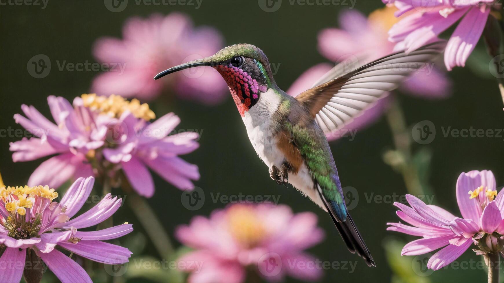 ai generado colibrí pájaro volador siguiente a un hermosa rosado flores foto