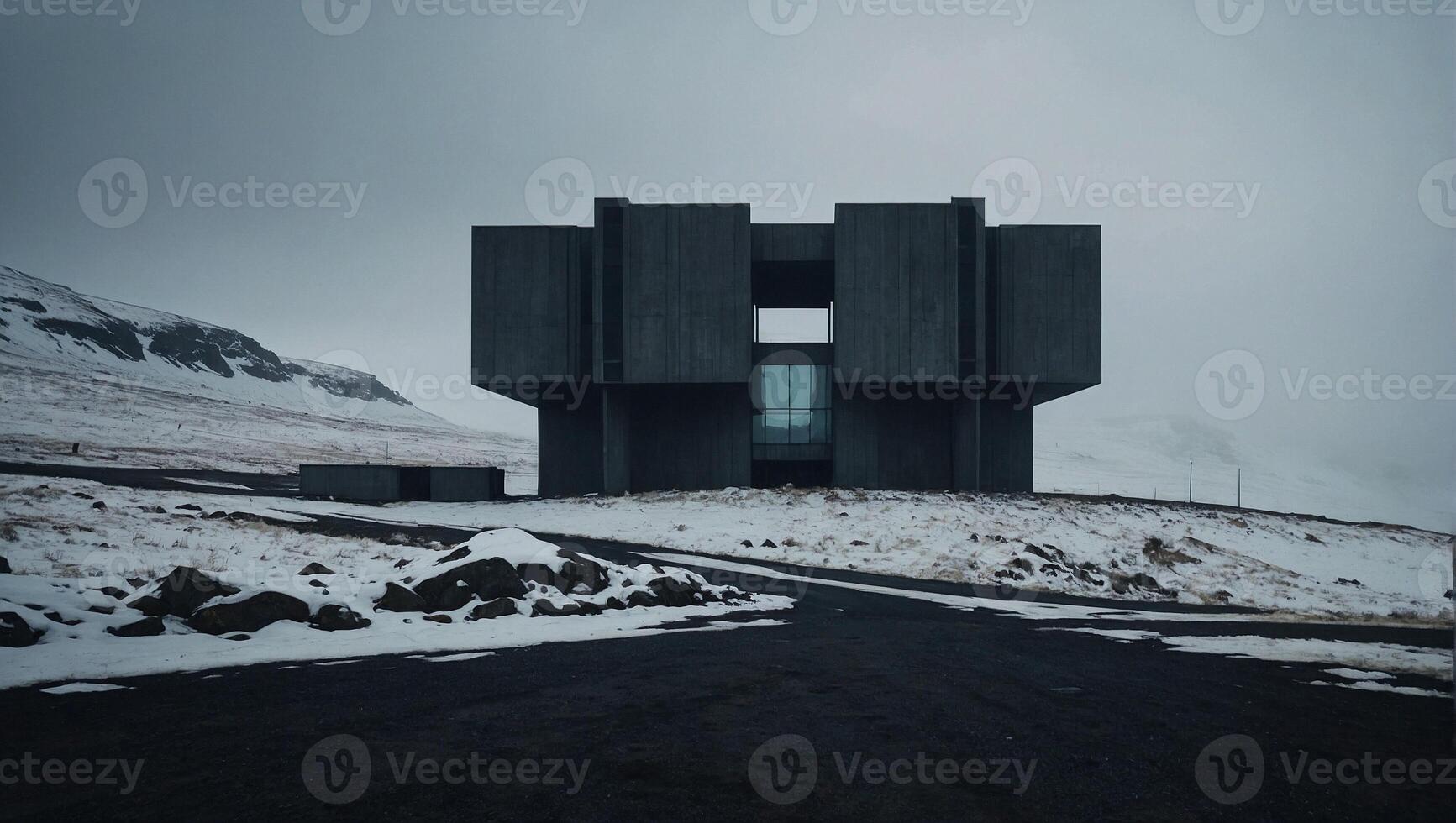 AI generated Mesmerically moody dark and gloomy massively monolithic Scandinavian minimalism brutalist futuristic structure on an icelandic snowy exterior photo