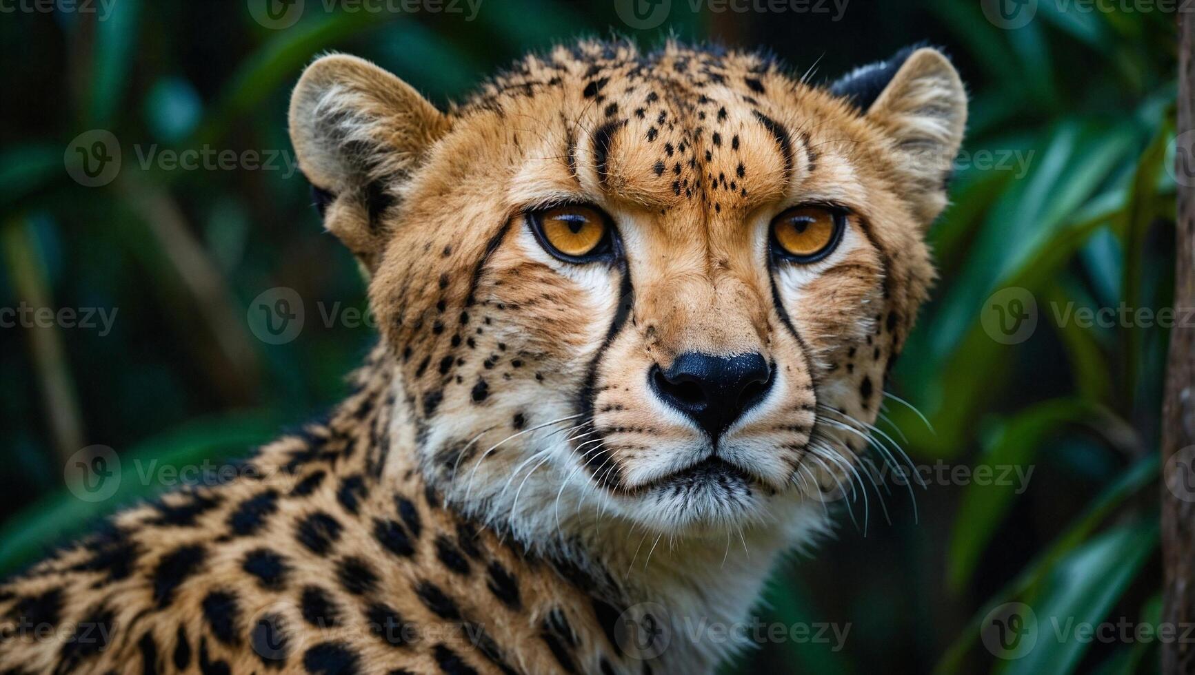 AI generated Close up view of majestic cheetah showcasing its distinctive spotted coat and intense gaze in the tropical jungle photo