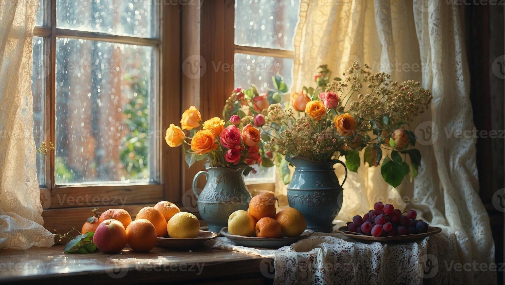 AI generated Still life with bouquet of wild flowers in a vase and fresh fruits lying near the window with raindrops photo