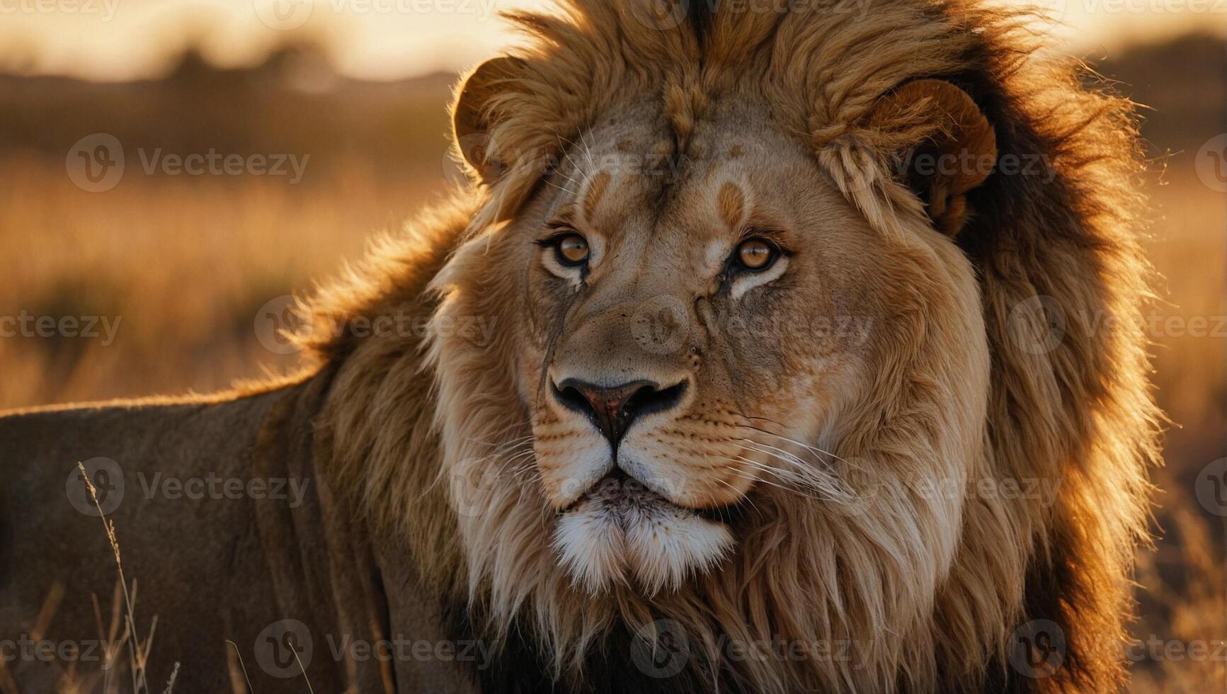 ai generado cerca arriba ver de un majestuoso masculino león bañado en el calentar resplandor de un ajuste Dom en el vasto africano sabana foto