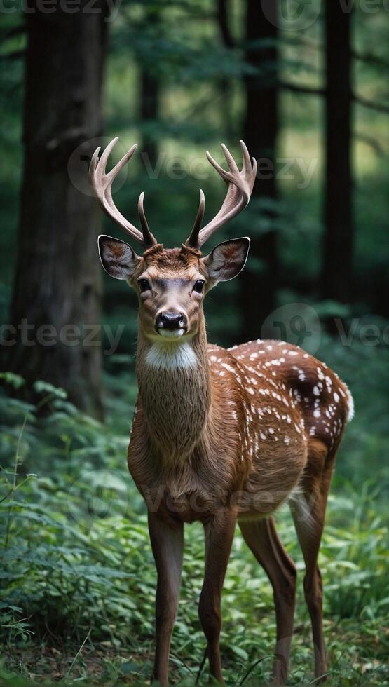 AI generated Close up image of a deer with earthy brown fur and white spots on its back standing in a serene woodland setting with a backdrop of lush green foliage photo