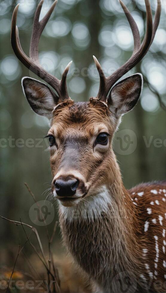 AI generated Close up image of a deer with earthy brown fur and white spots on its back standing in a serene woodland setting with a backdrop of lush green foliage photo