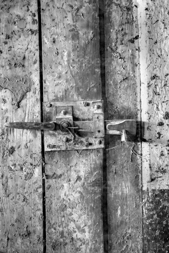 Old rustic door close up.Vertical view. Black and white photo