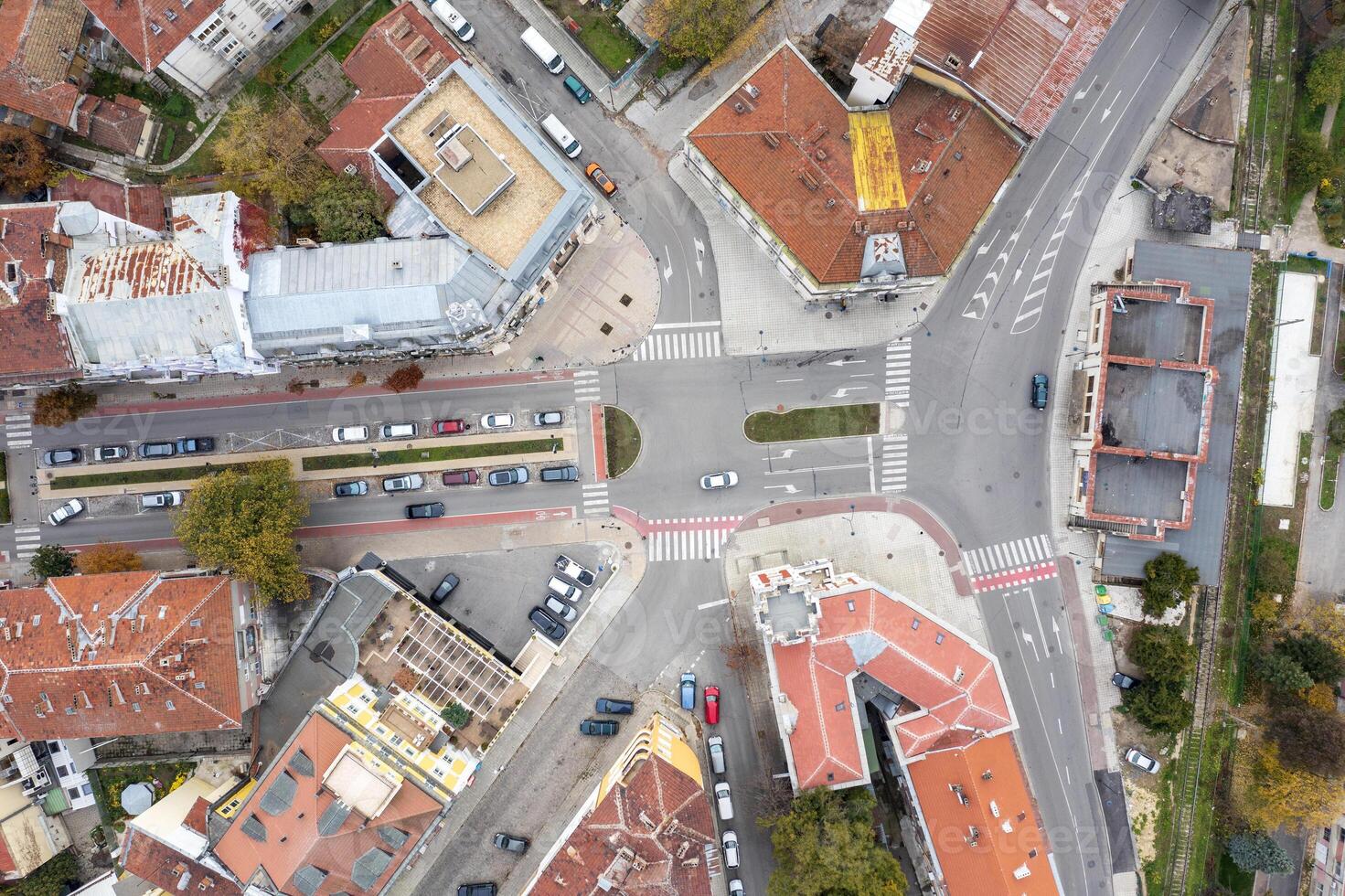 Aerial top view from drone to urban junction and  houses photo