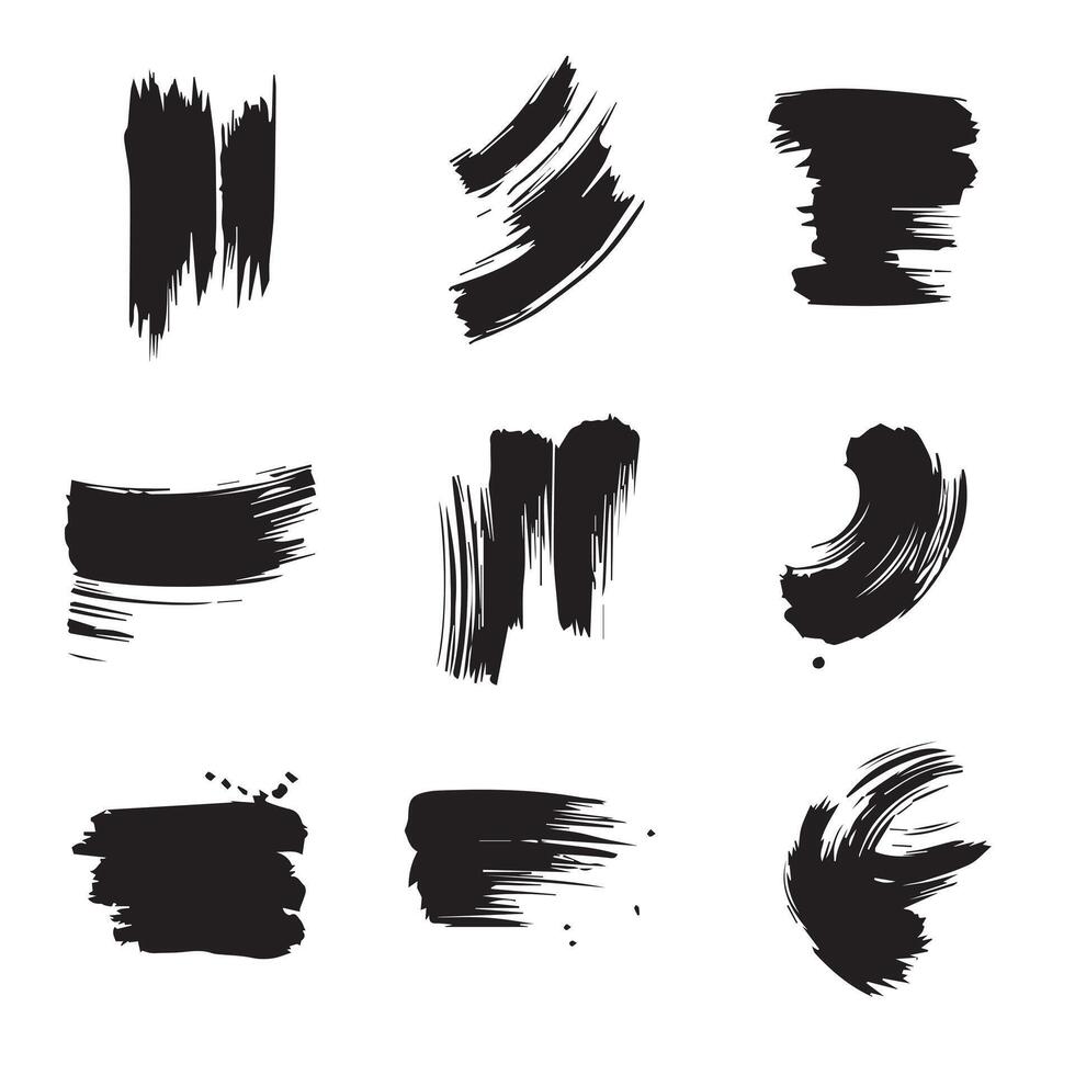 Black abstract paint Brush Stroke Set on white background Each with Unique Style vector