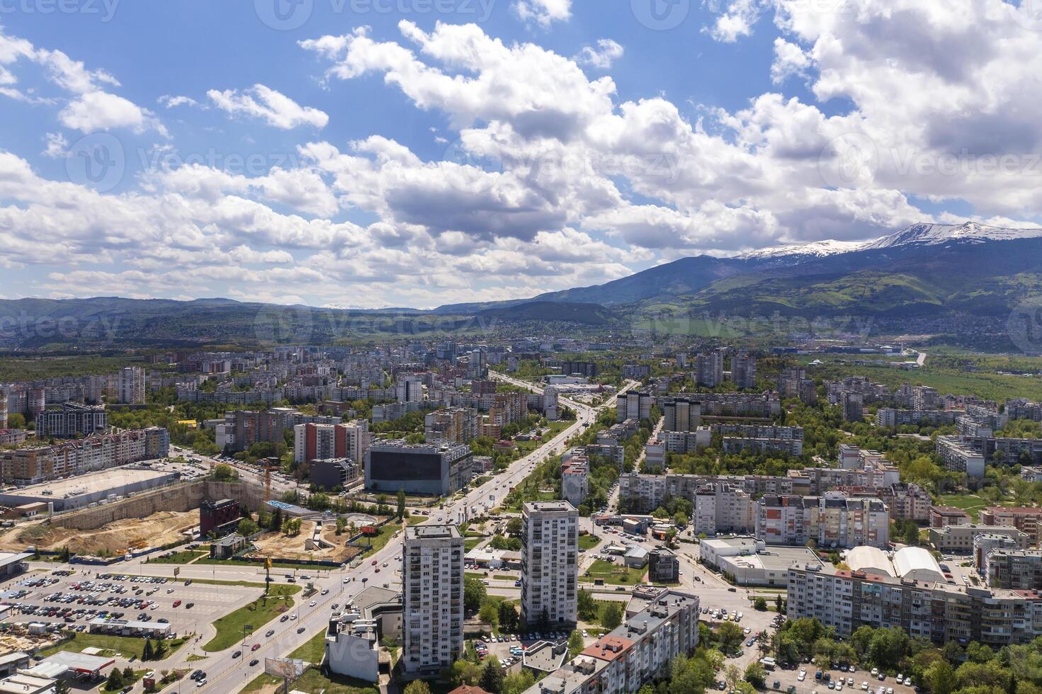 Aerial view from a drone of a city next to the mountain, Sofia Bulgaria photo