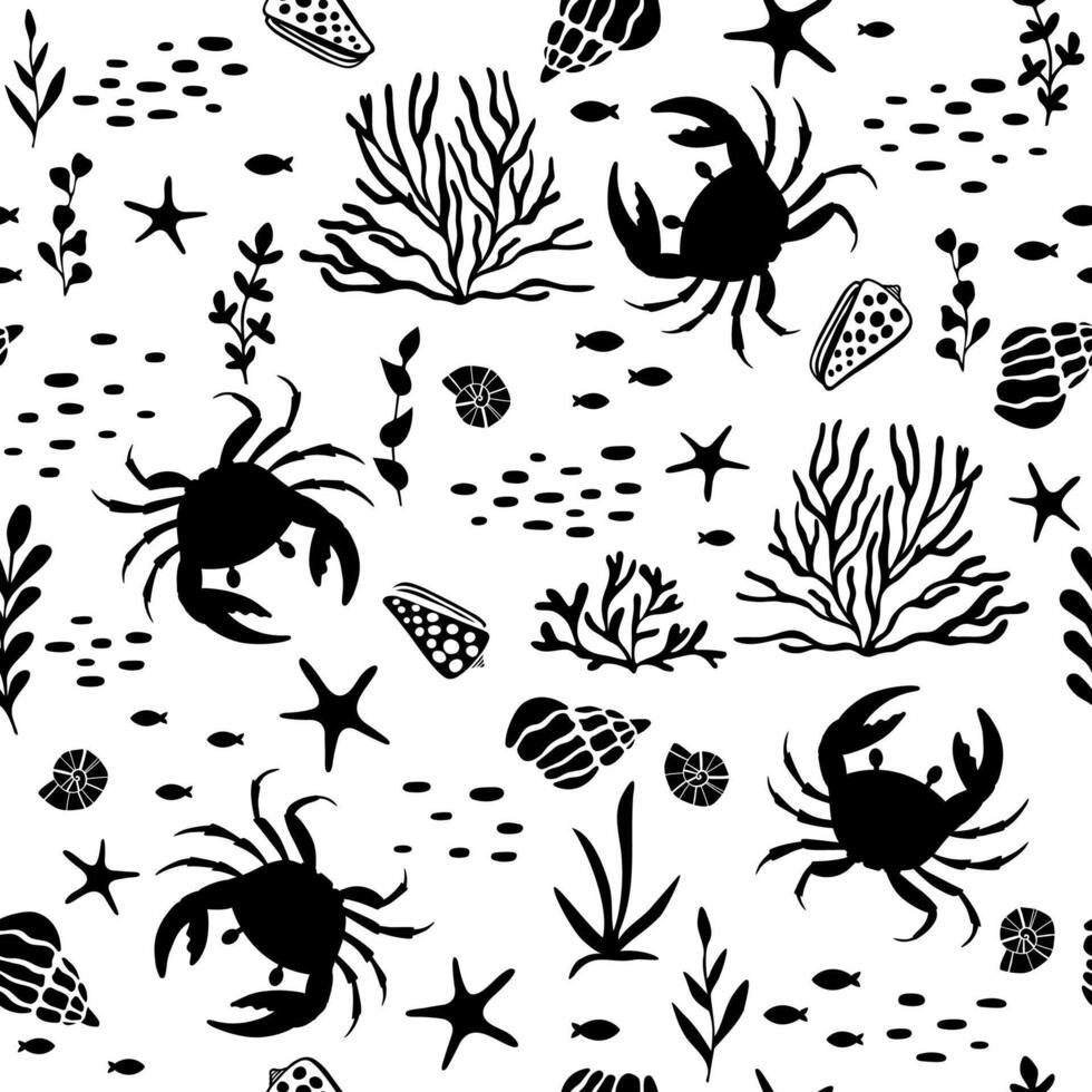 Crabs seamless pattern with seaweed fish and shells. Monochrome pattern vector