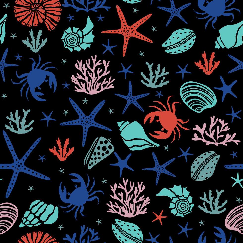 Beautiful seamless vector tropical pattern with crabs, corals, seaweed and sea stars on black