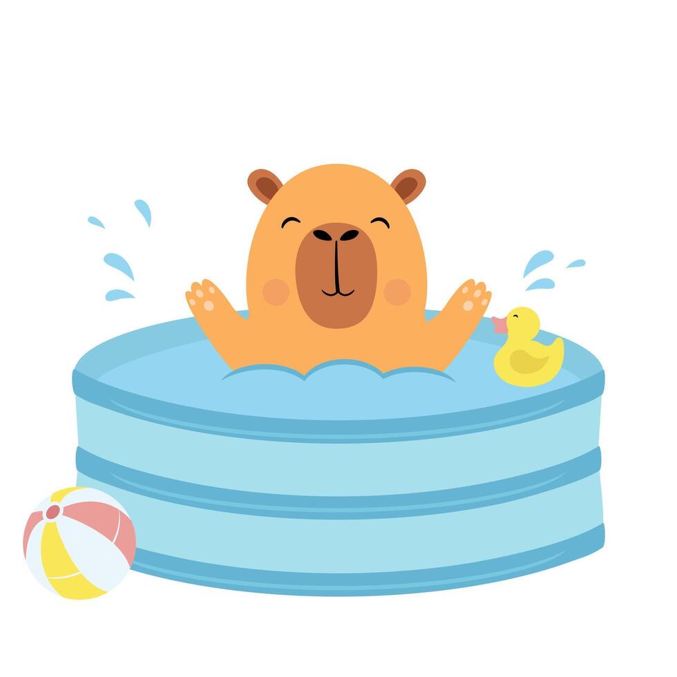 Cute capybara swims in an inflatable pool vector