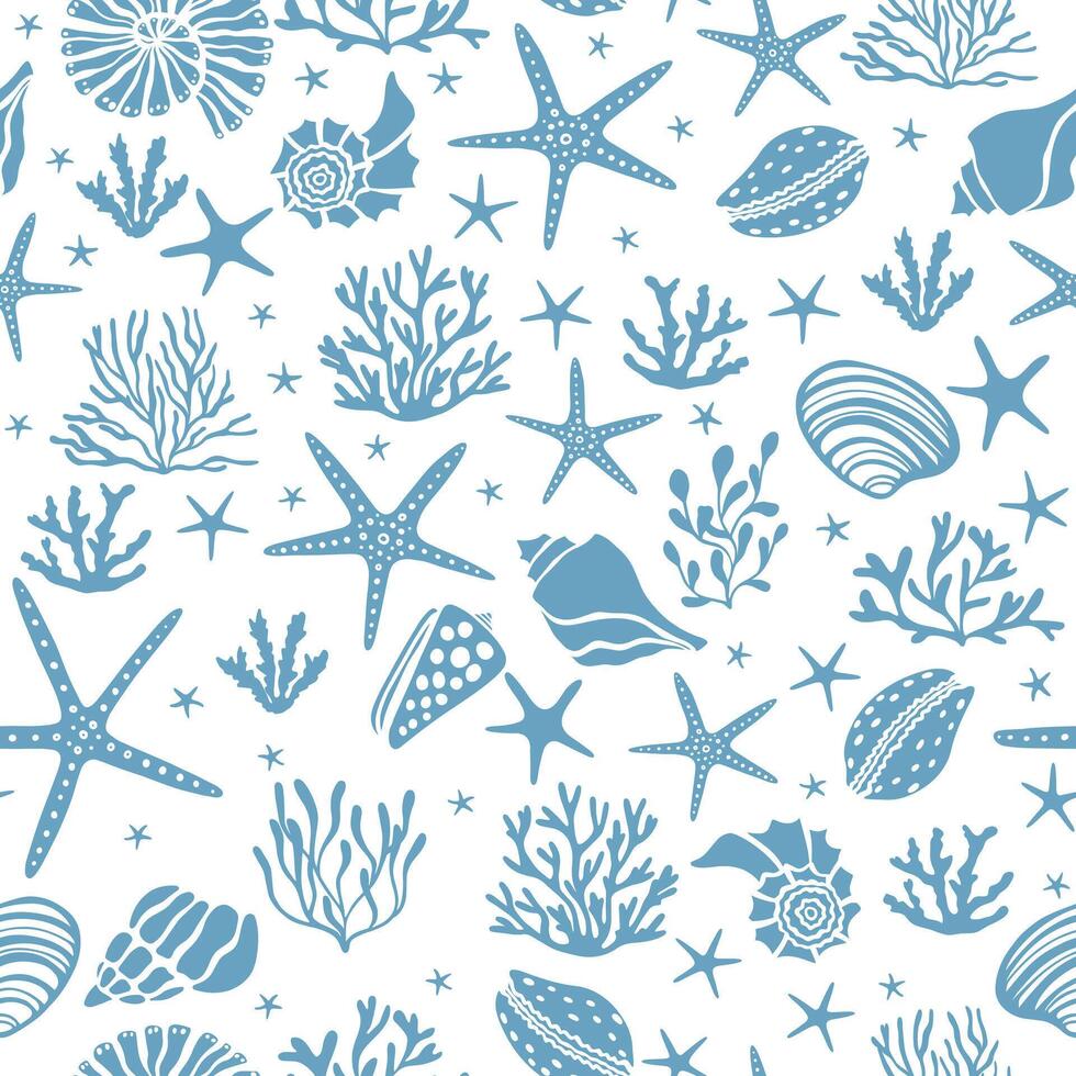 Seamless oceanic print with seashells algae and corals vector
