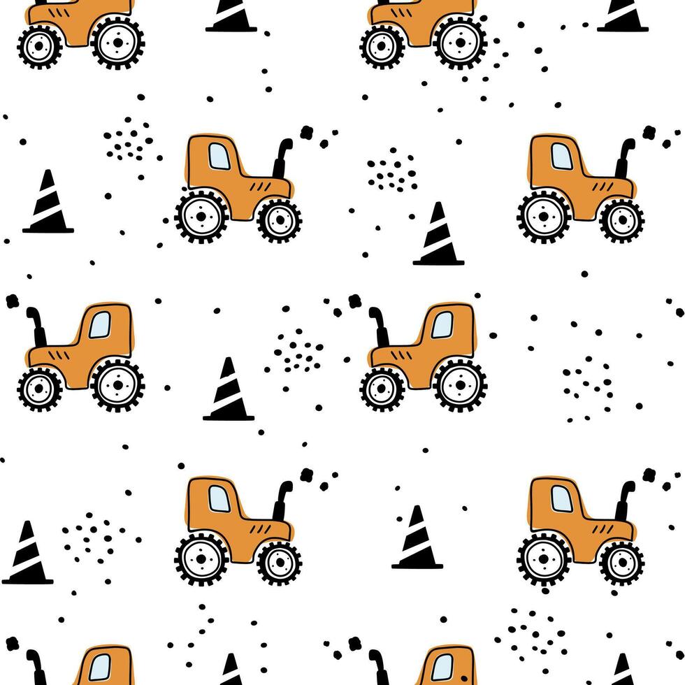 Vector seamless repeating children simple pattern with tractors. Kids seamless pattern with building equipment.