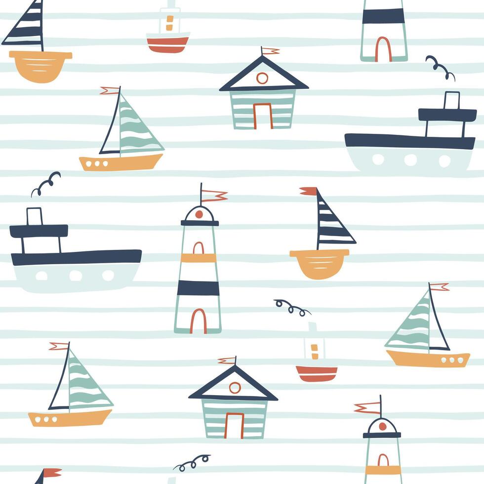 Marine seamless pattern with cartoon boats, lighthouse on strip background. vector
