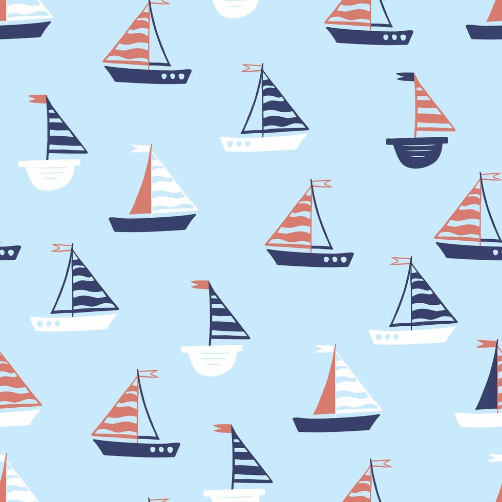 patrón marino sin fisuras con barcos de dibujos animados sobre fondo azul. vector