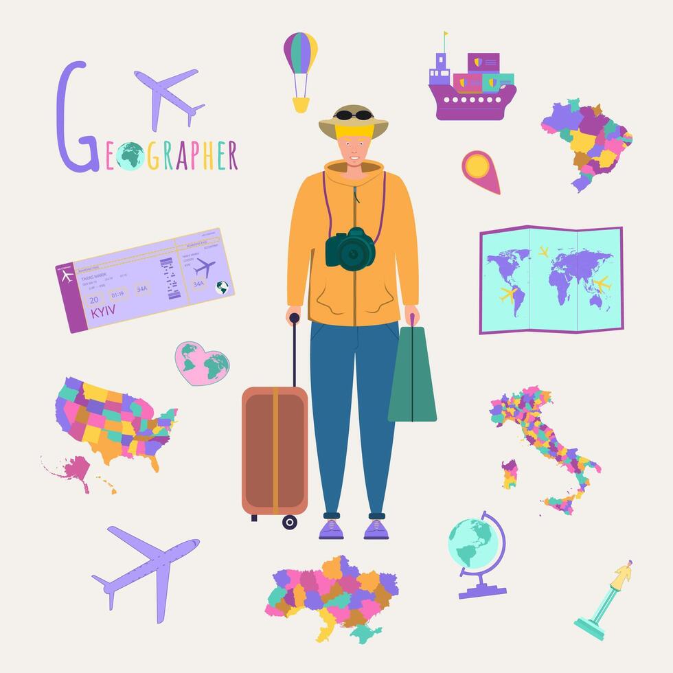 Colorful vector alphabet. Book of professions. Profession Geographer. Letter G