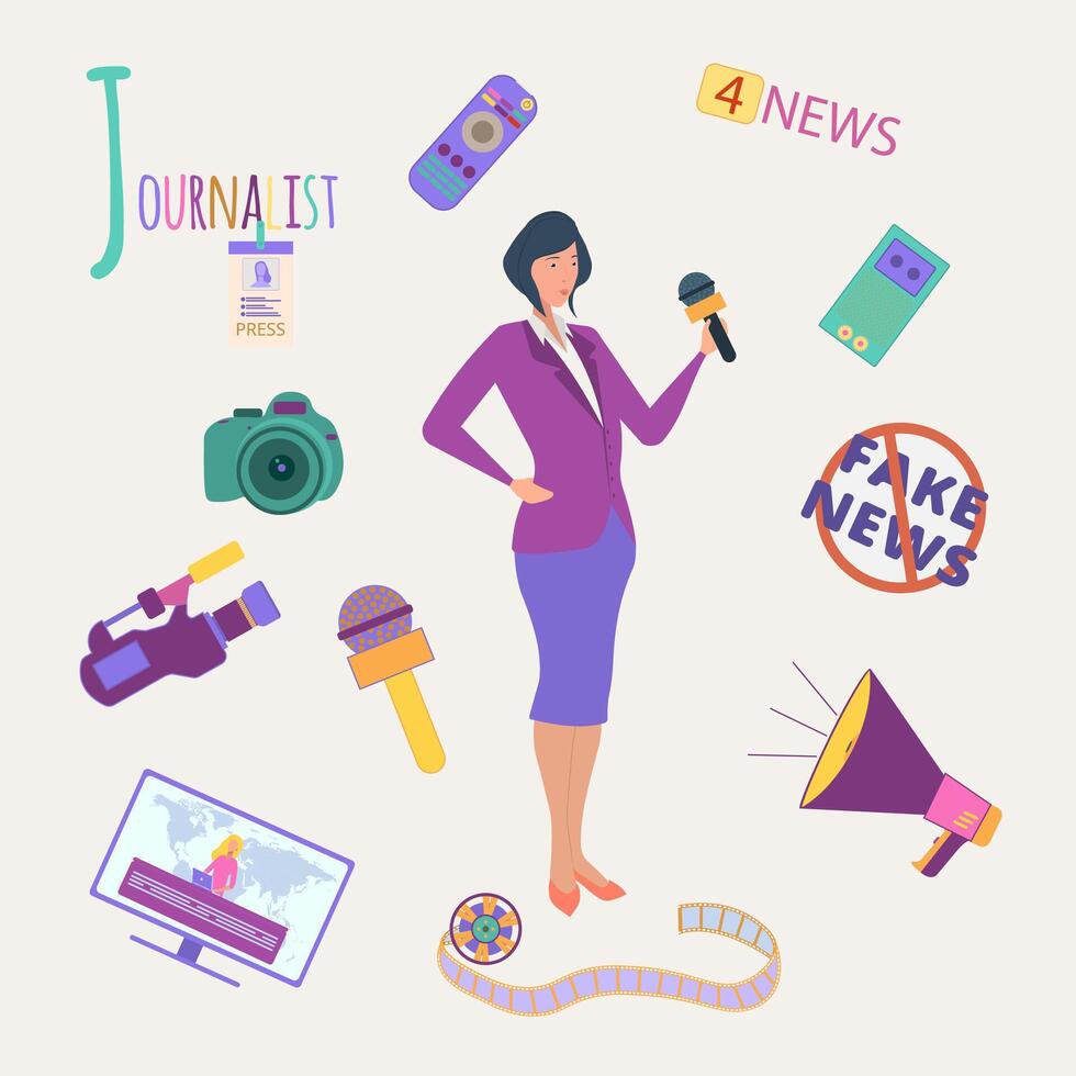 Colorful vector alphabet. Book of professions. Profession Journalist. Letter J