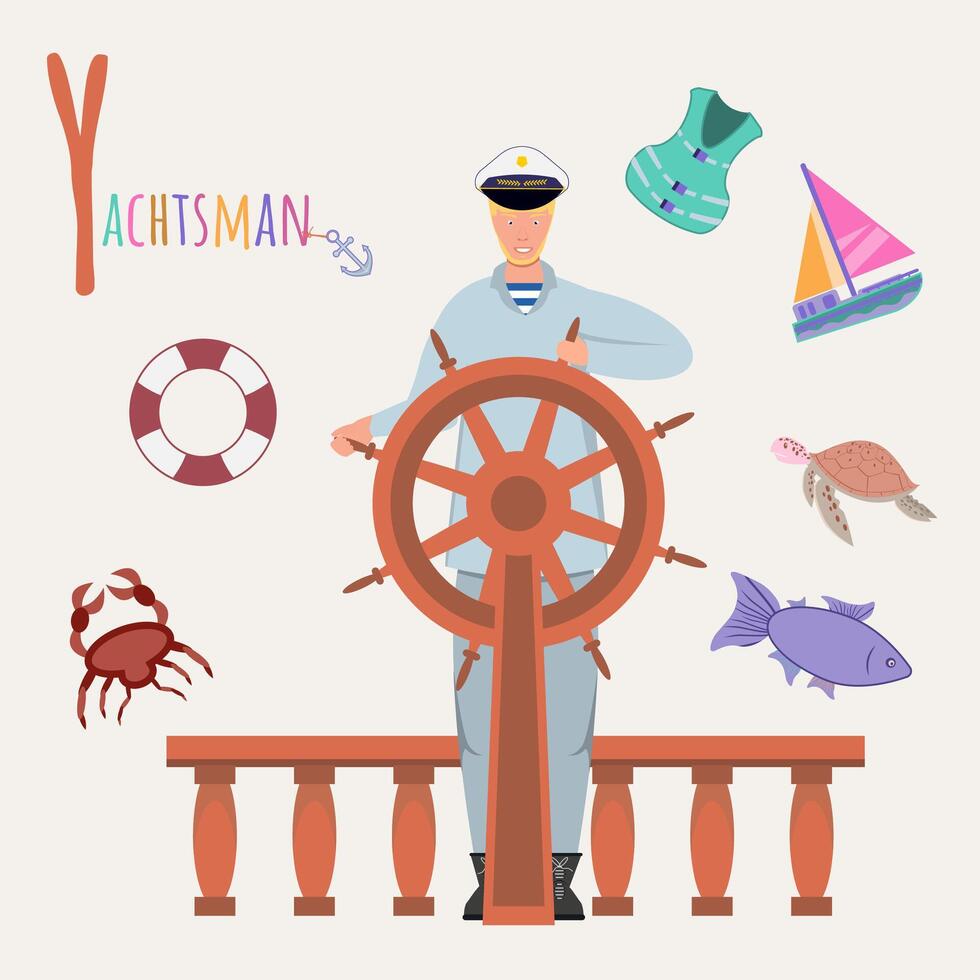 Colorful book alphabet. Book of professions. Profession Yachtsman. Letter Y. vector