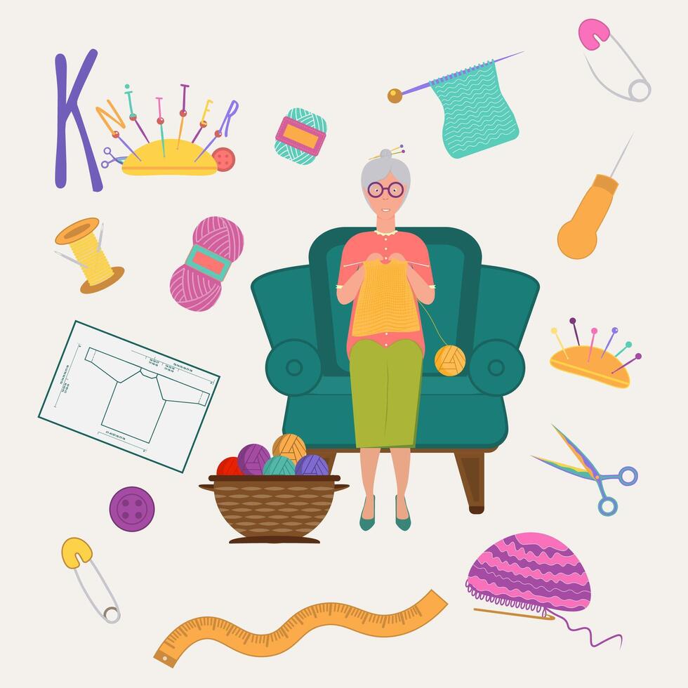 Colorful book alphabet. Book of professions. Profession Knitter. Letter K vector