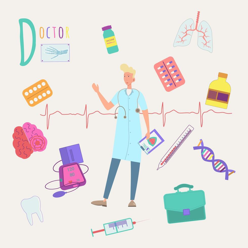 Colorful book alphabet. Book of professions. Profession Doctor. Letter D vector
