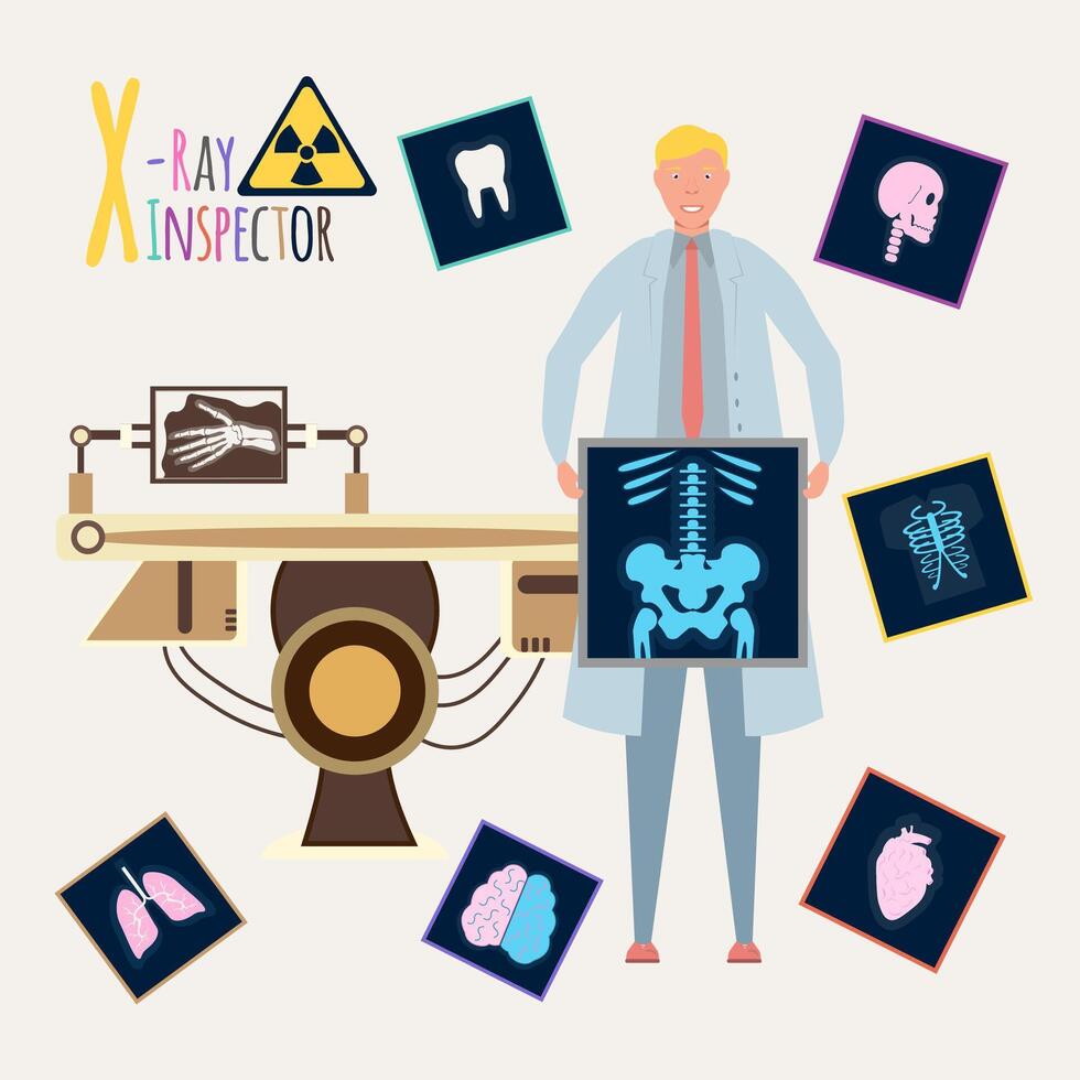 Colorful vector alphabet. Book of professions. Profession X-Ray Inspector. Letter X.