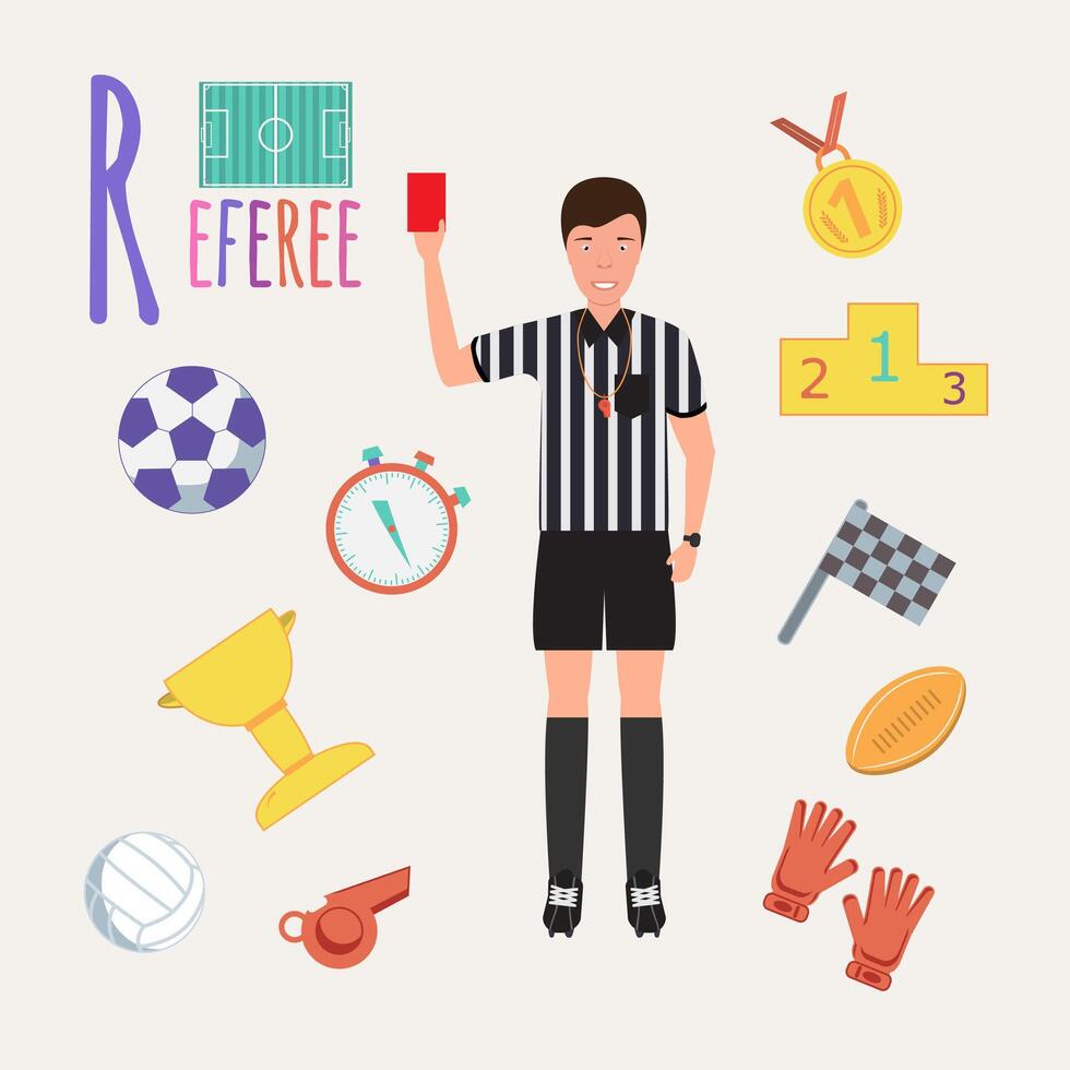 Colorful book alphabet. Book of professions. Profession Referee. Letter R vector