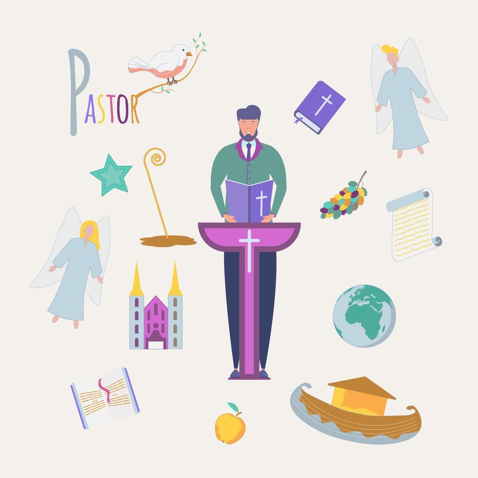 Colorful book alphabet. Book of professions. Profession Pastor. Letter P vector