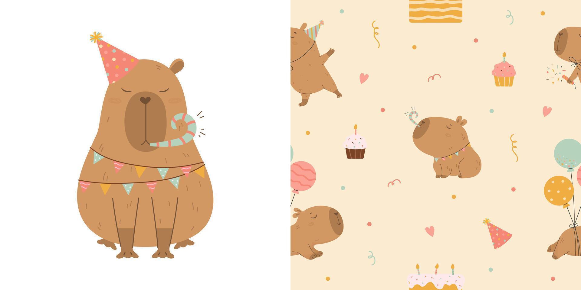 Birthday capybara and pattern with funny capybaras vector