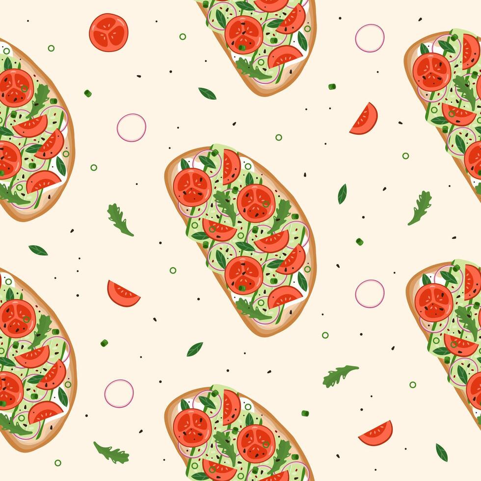 Pattern with bruschetta, tomato and cucumber vector