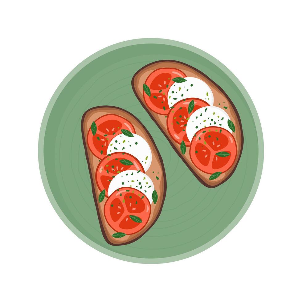 Toasts with tomato and mozzarella on the plate vector