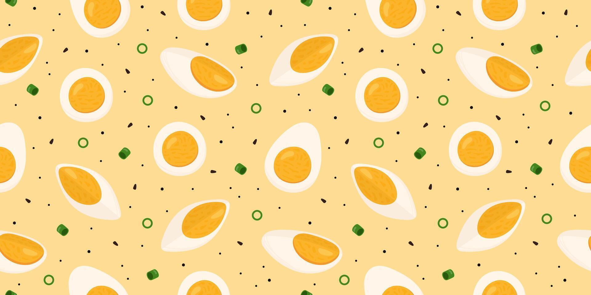Vector pattern with boiled egg slices and halves