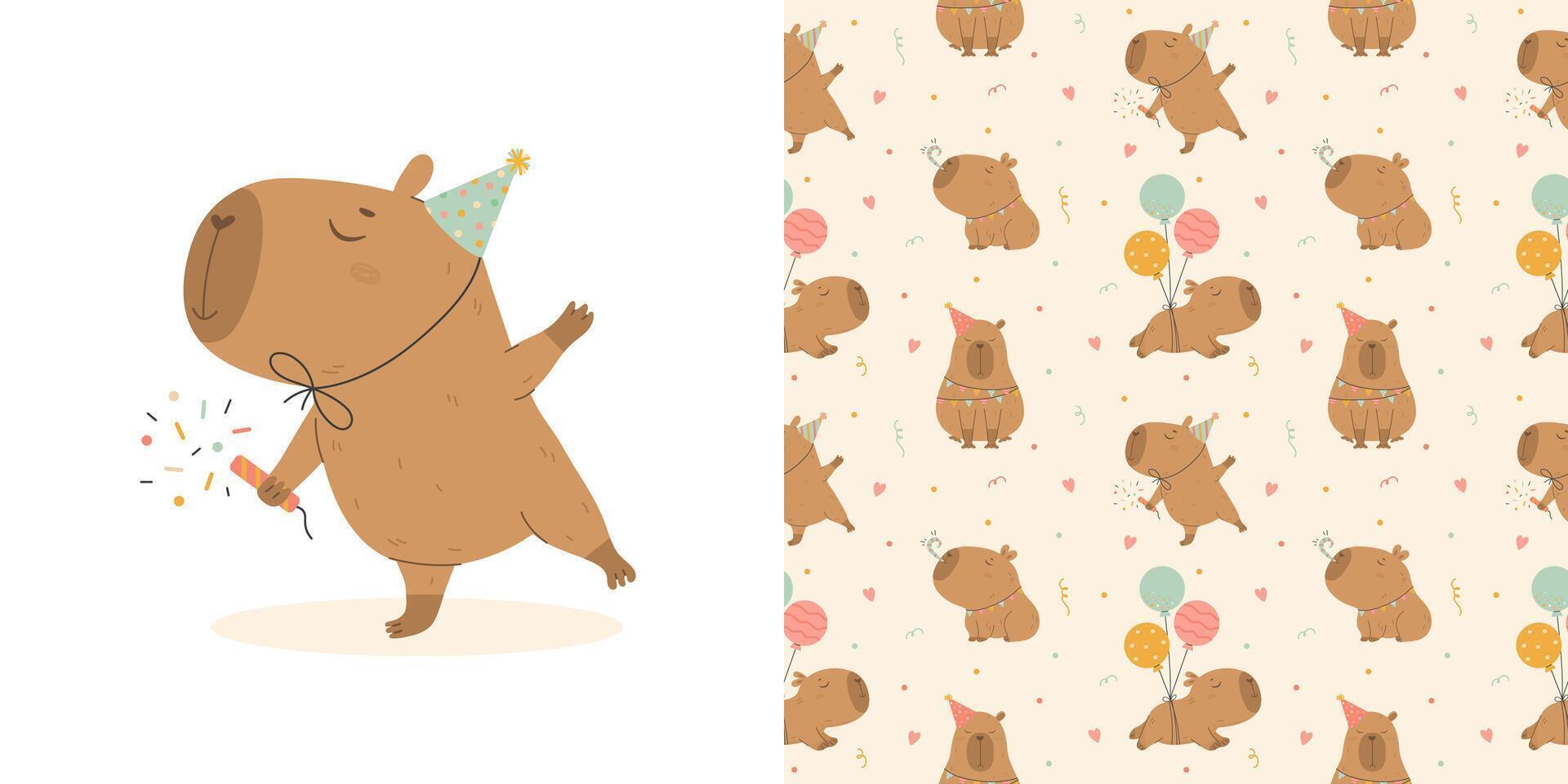 Birthday capybara and pattern with funny capybaras vector