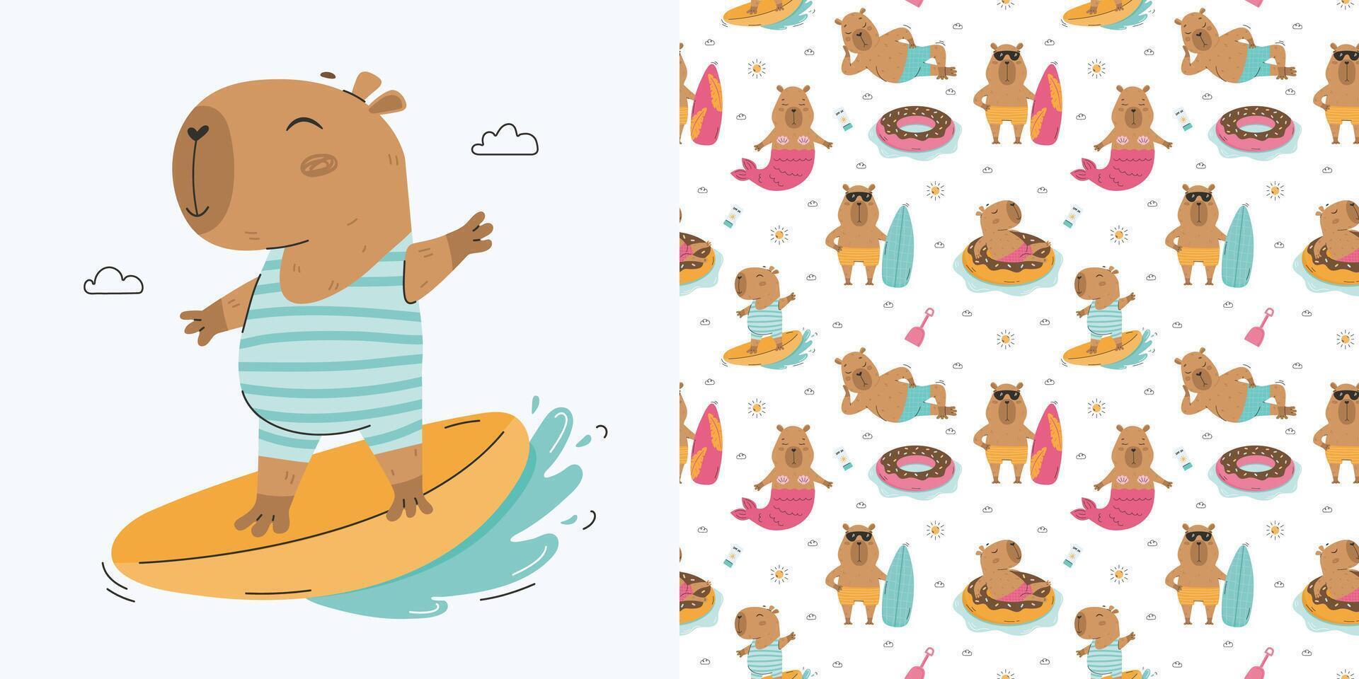 Funny summer capybaras seamless pattern vector